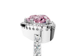 Fancy Pink Heart Cut Diamond Halo Engagement Ring in Platinum with Milgrain Detail and Pavé Band_17