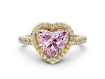 Fancy Pink Heart Cut Diamond Halo Engagement Ring in Yellow gold with Milgrain Detail and Pavé Band