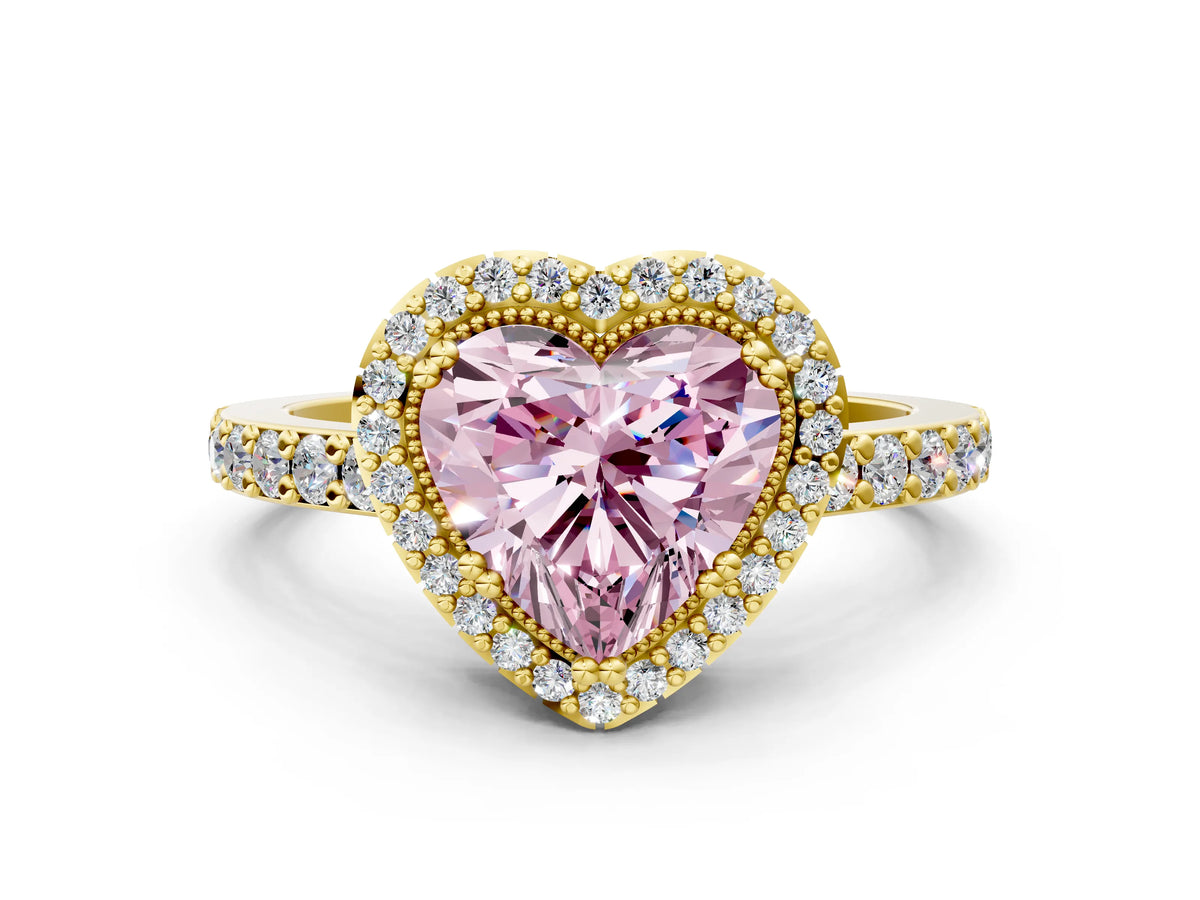 Fancy Pink Heart Cut Diamond Halo Engagement Ring in Yellow gold with Milgrain Detail and Pavé Band