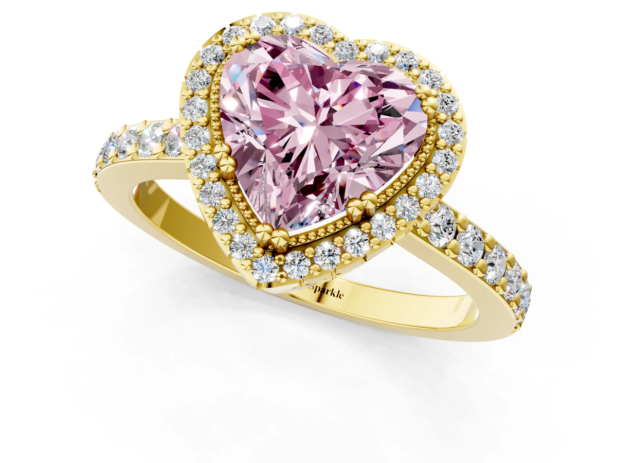 Fancy Pink Heart Cut Diamond Halo Engagement Ring in Yellow gold with Milgrain Detail and Pavé Band_1