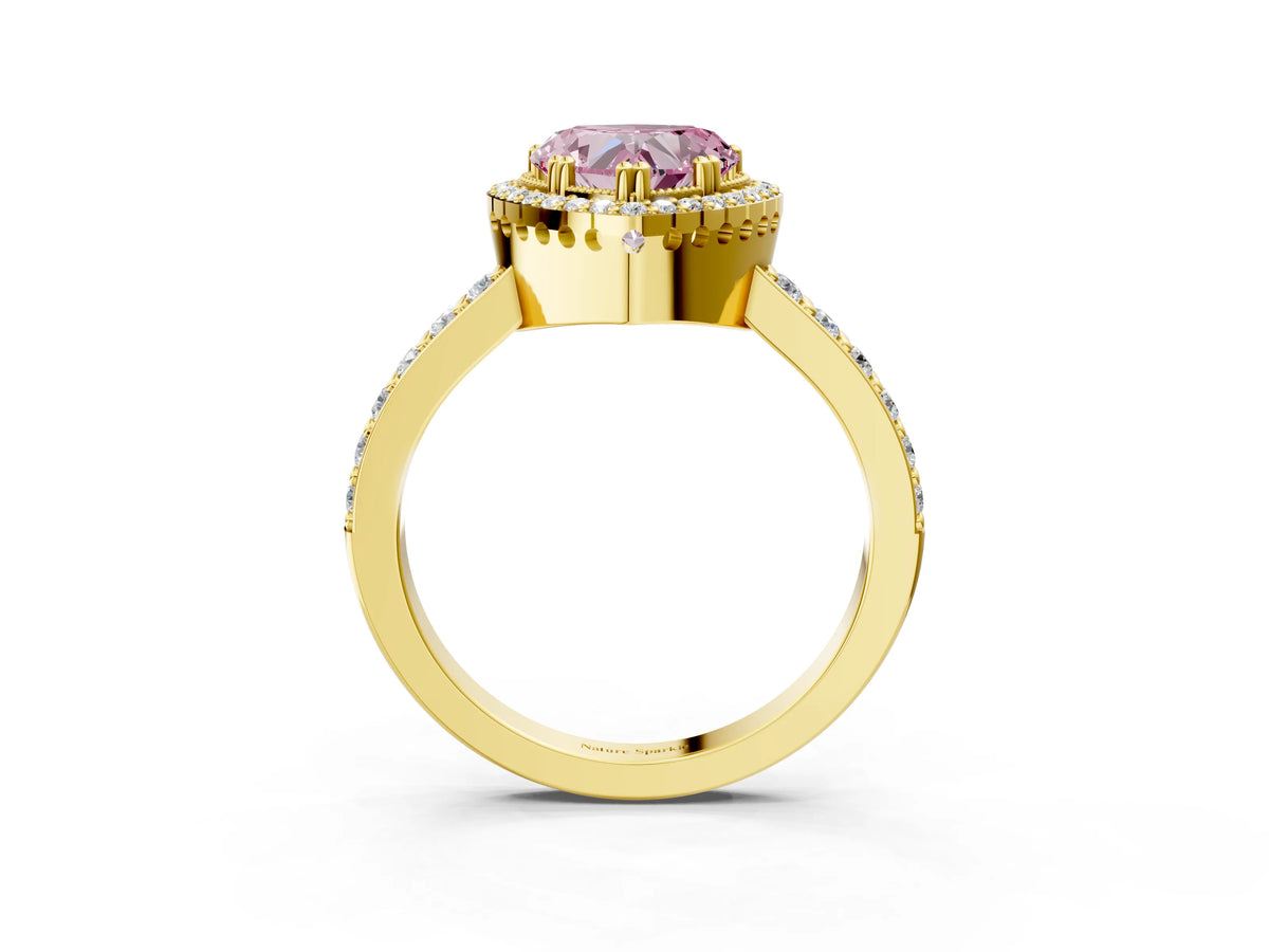 Fancy Pink Heart Cut Diamond Halo Engagement Ring in Yellow gold with Milgrain Detail and Pavé Band_3