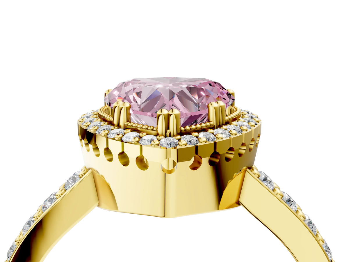 Fancy Pink Heart Cut Diamond Halo Engagement Ring in Yellow gold with Milgrain Detail and Pavé Band_4