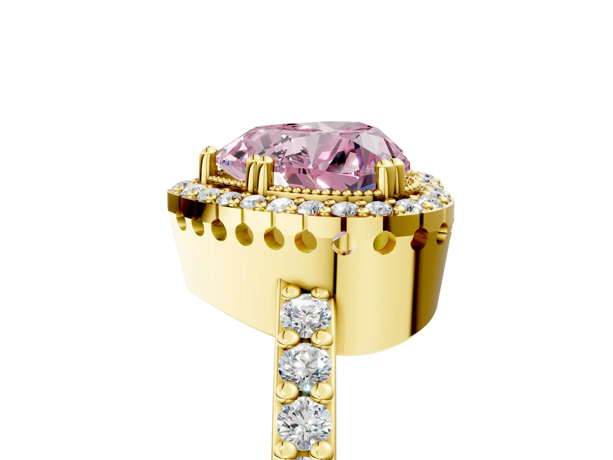 Fancy Pink Heart Cut Diamond Halo Engagement Ring in Yellow gold with Milgrain Detail and Pavé Band_5