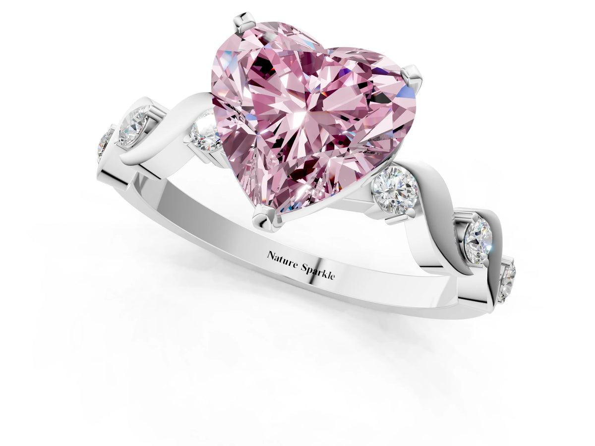 Fancy Pink Heart Cut Diamond Solitaire Ring in Platinum with Twisted Ribbon Band and Round Accents_1