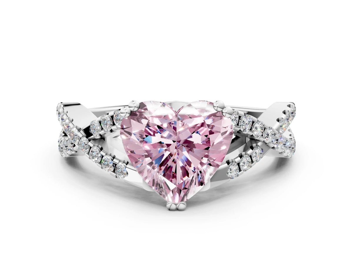 Fancy Pink Heart Cut Diamond Solitaire Ring in Silver with Interwoven Pavé Band and Prong Setting_6