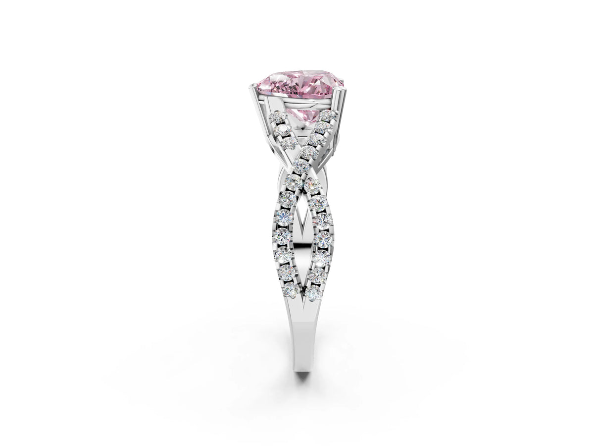 Fancy Pink Heart Cut Diamond Solitaire Ring in Silver with Interwoven Pavé Band and Prong Setting_8