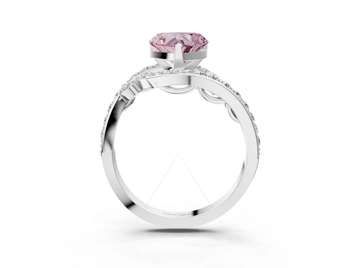 Fancy Pink Heart Cut Diamond Solitaire Ring in Silver with Pavé Twist Band and Prong Setting_9