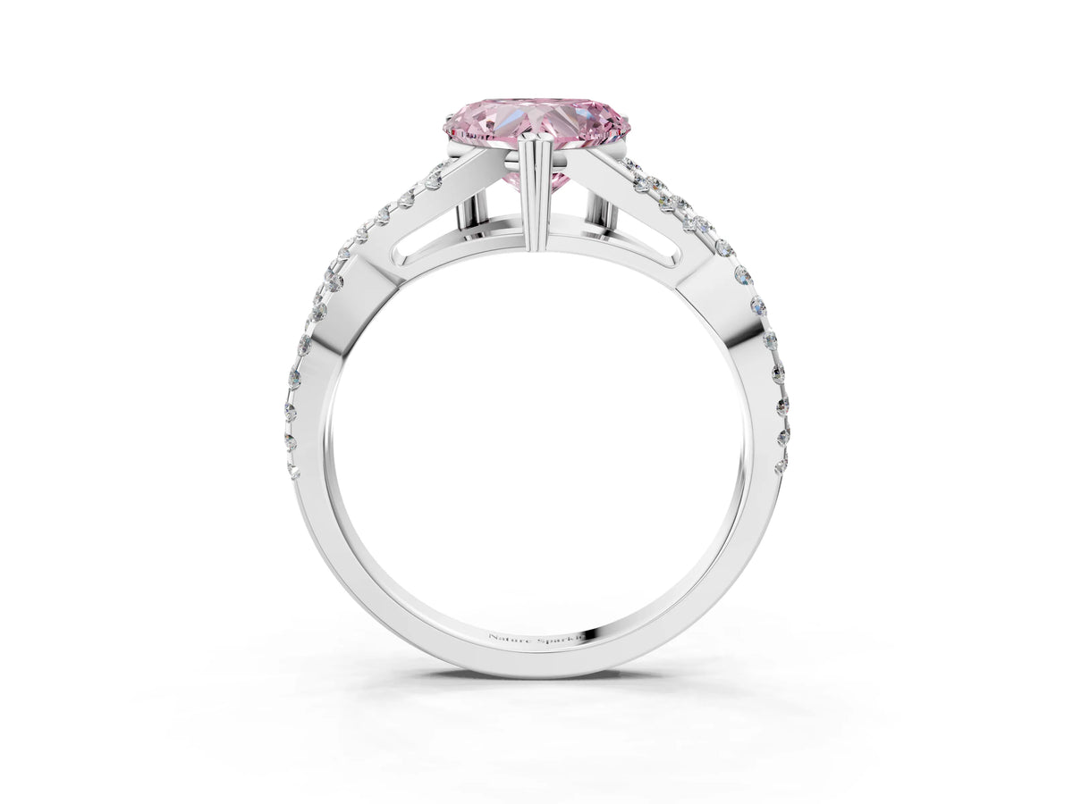 Fancy Pink Heart Cut Diamond Solitaire Ring in White gold with Interwoven Pavé Band and Prong Setting_3