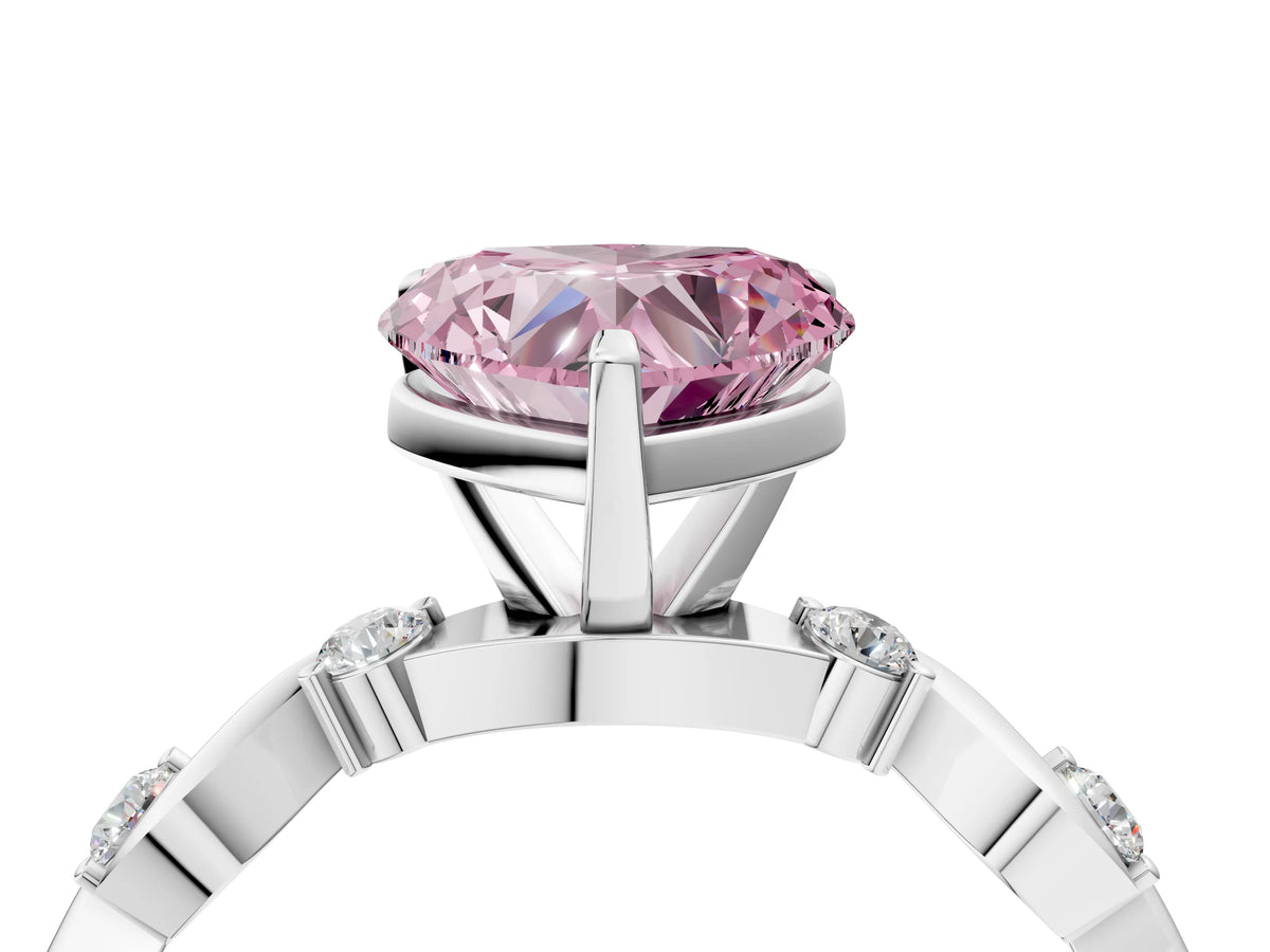 Fancy Pink Heart Cut Diamond Solitaire Ring in White gold with Twisted Ribbon Band and Round Accents_4