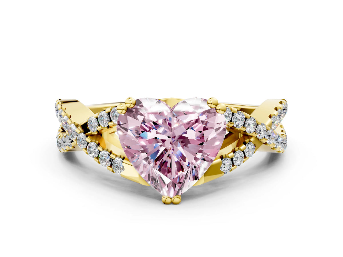 Fancy Pink Heart Cut Diamond Solitaire Ring in Yellow gold with Interwoven Pavé Band and Prong Setting
