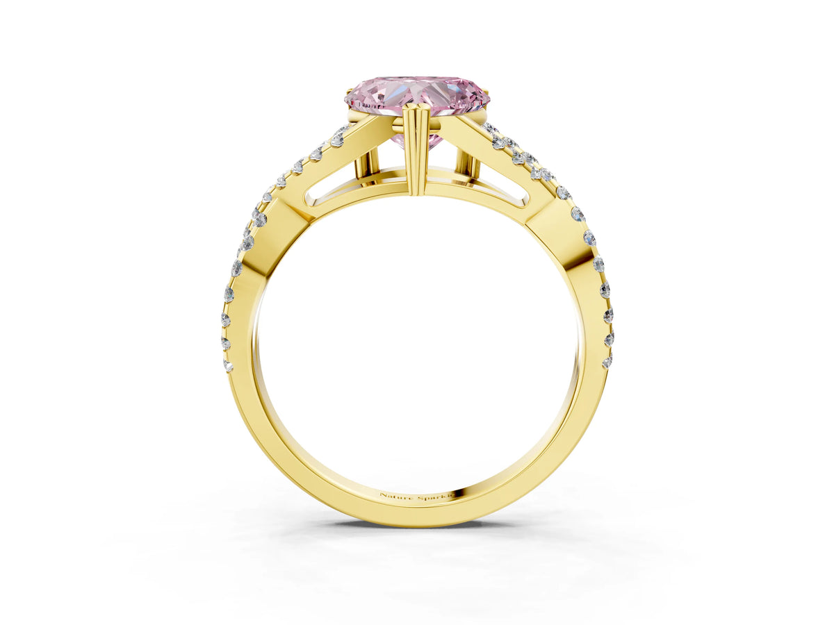 Fancy Pink Heart Cut Diamond Solitaire Ring in Yellow gold with Interwoven Pavé Band and Prong Setting_3