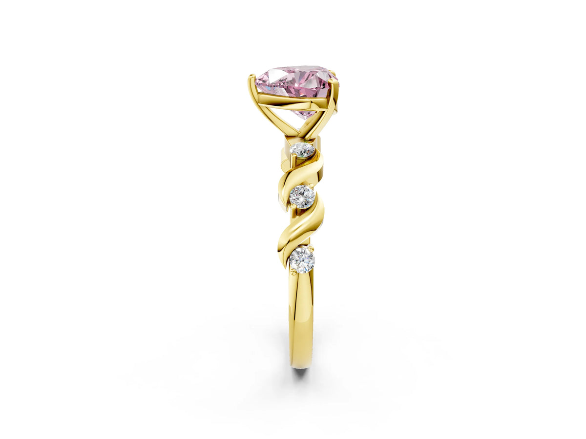 Fancy Pink Heart Cut Diamond Solitaire Ring in Yellow gold with Twisted Ribbon Band and Round Accents_2