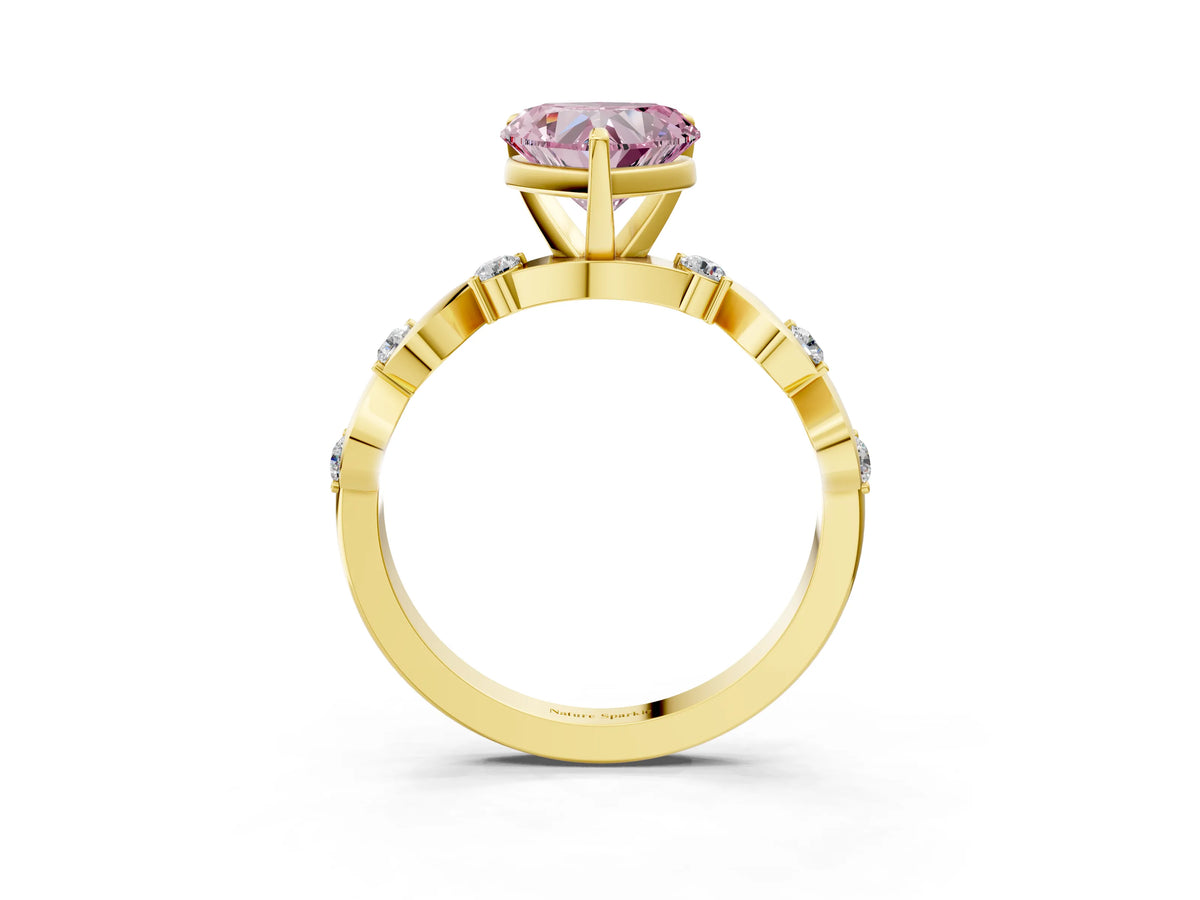 Fancy Pink Heart Cut Diamond Solitaire Ring in Yellow gold with Twisted Ribbon Band and Round Accents_3