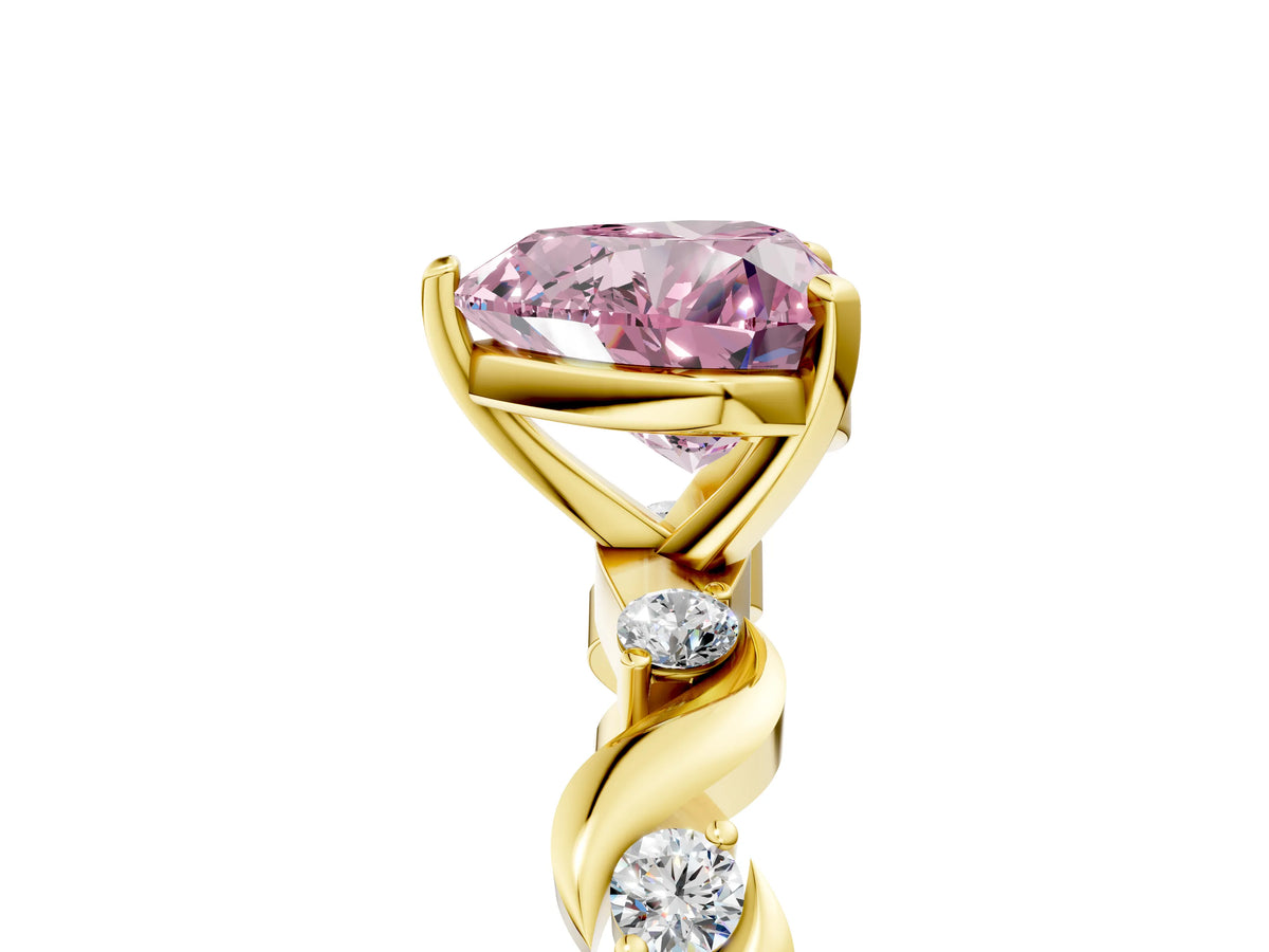 Fancy Pink Heart Cut Diamond Solitaire Ring in Yellow gold with Twisted Ribbon Band and Round Accents_5