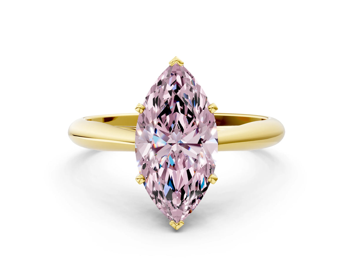 Fancy Pink Marquise Cut Diamond Cathedral Solitaire Engagement Ring in Yellow gold with Prong Setting