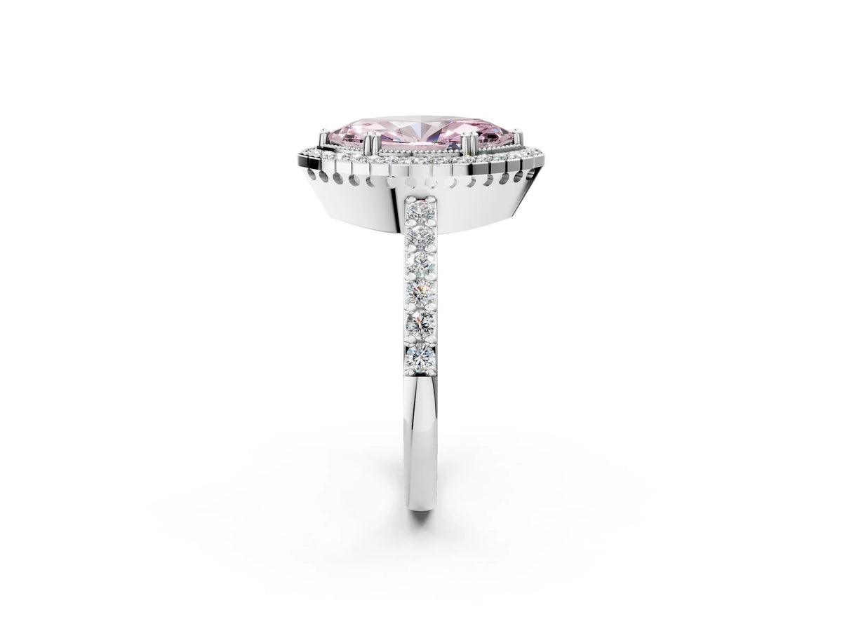 Fancy Pink Marquise Cut Diamond Halo Engagement Ring in Platinum with Milgrain Detail and Pavé Band_14