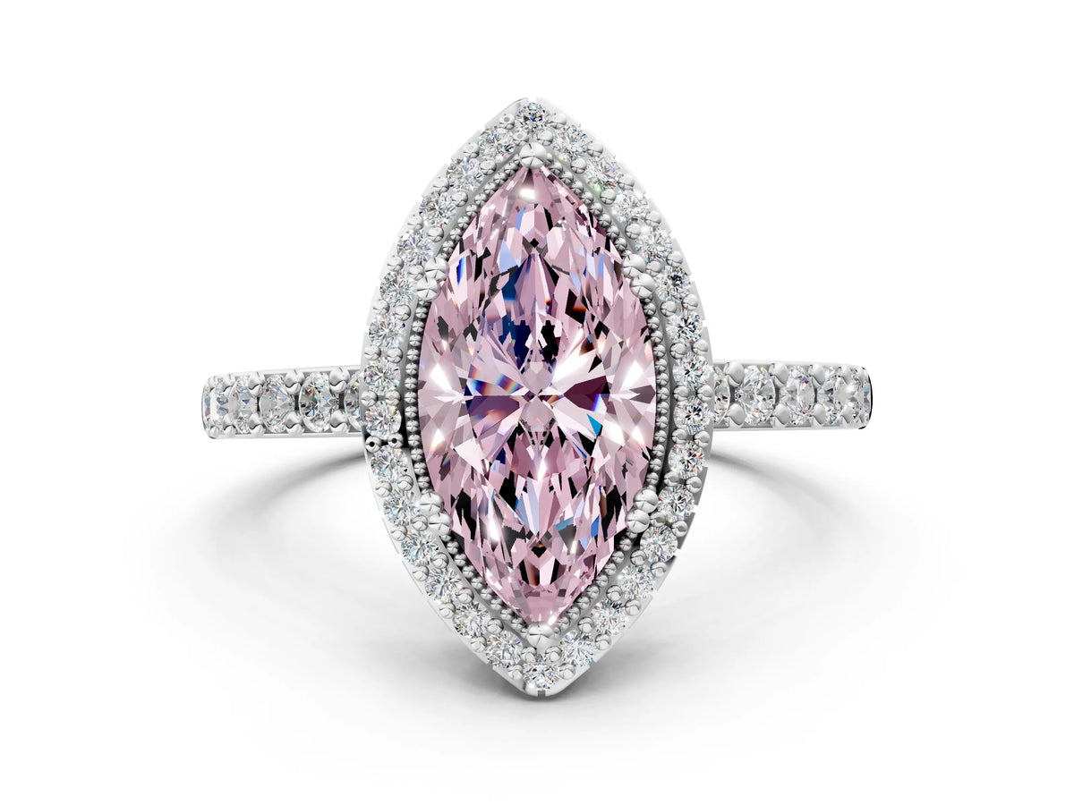 Fancy Pink Marquise Cut Diamond Halo Engagement Ring in Silver with Milgrain Detail and Pavé Band_6