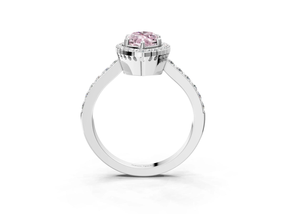 Fancy Pink Marquise Cut Diamond Halo Engagement Ring in Silver with Milgrain Detail and Pavé Band_9