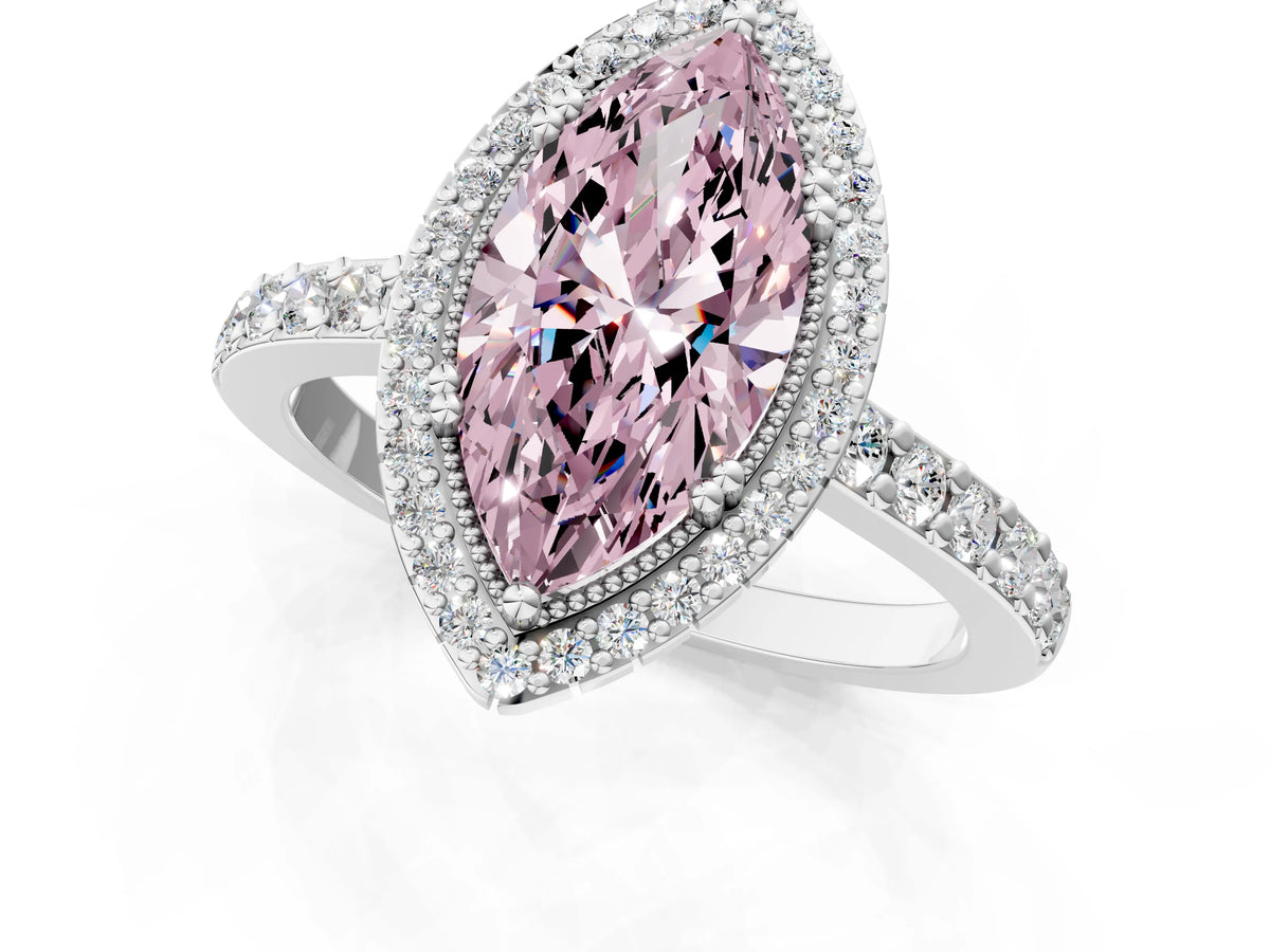 Fancy Pink Marquise Cut Diamond Halo Engagement Ring in White gold with Milgrain Detail and Pavé Band_1