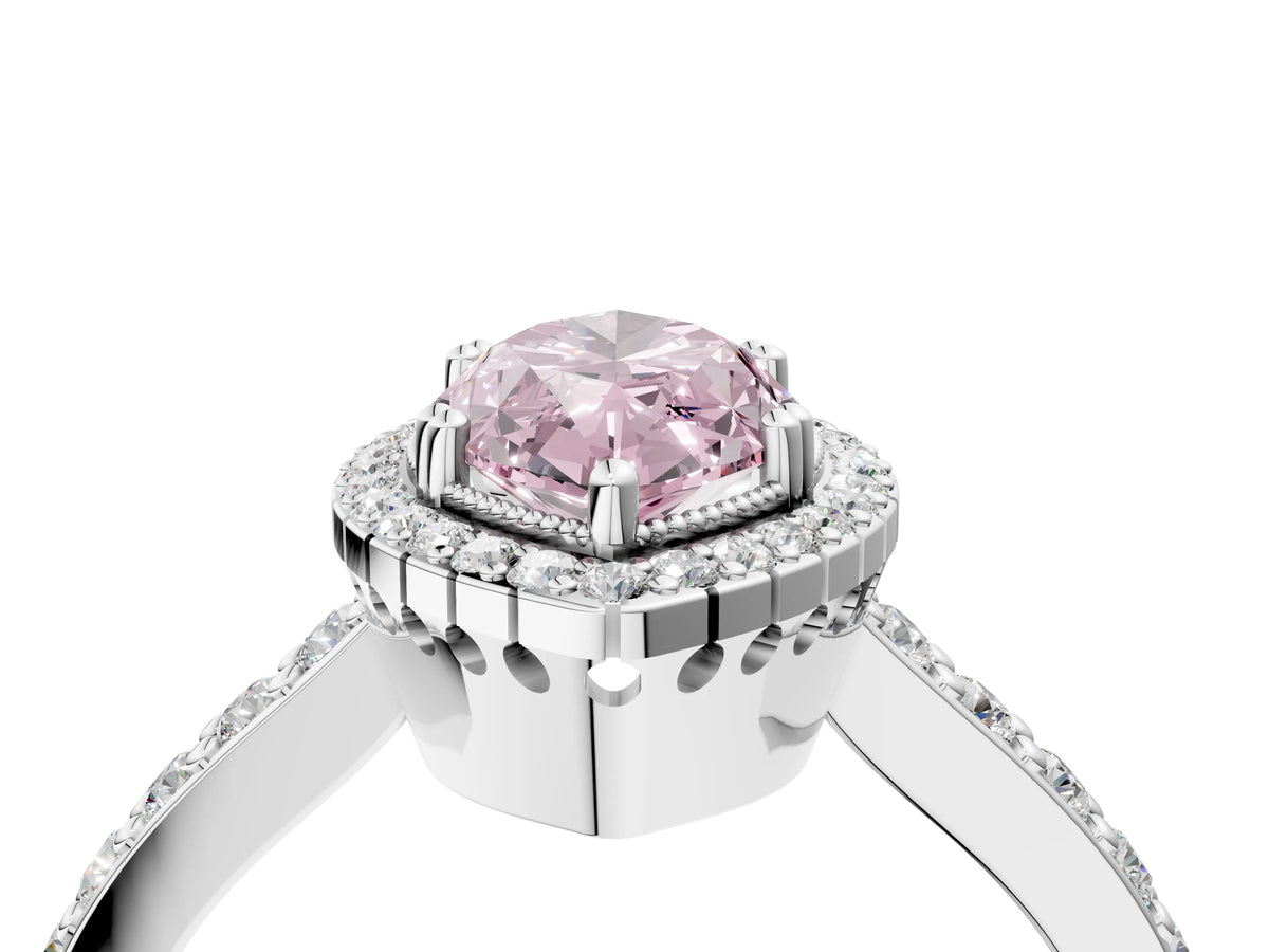 Fancy Pink Marquise Cut Diamond Halo Engagement Ring in White gold with Milgrain Detail and Pavé Band_4