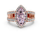 Fancy Pink Marquise Cut Diamond Halo Ring in Rose gold with Split Shank Band and Prong Setting