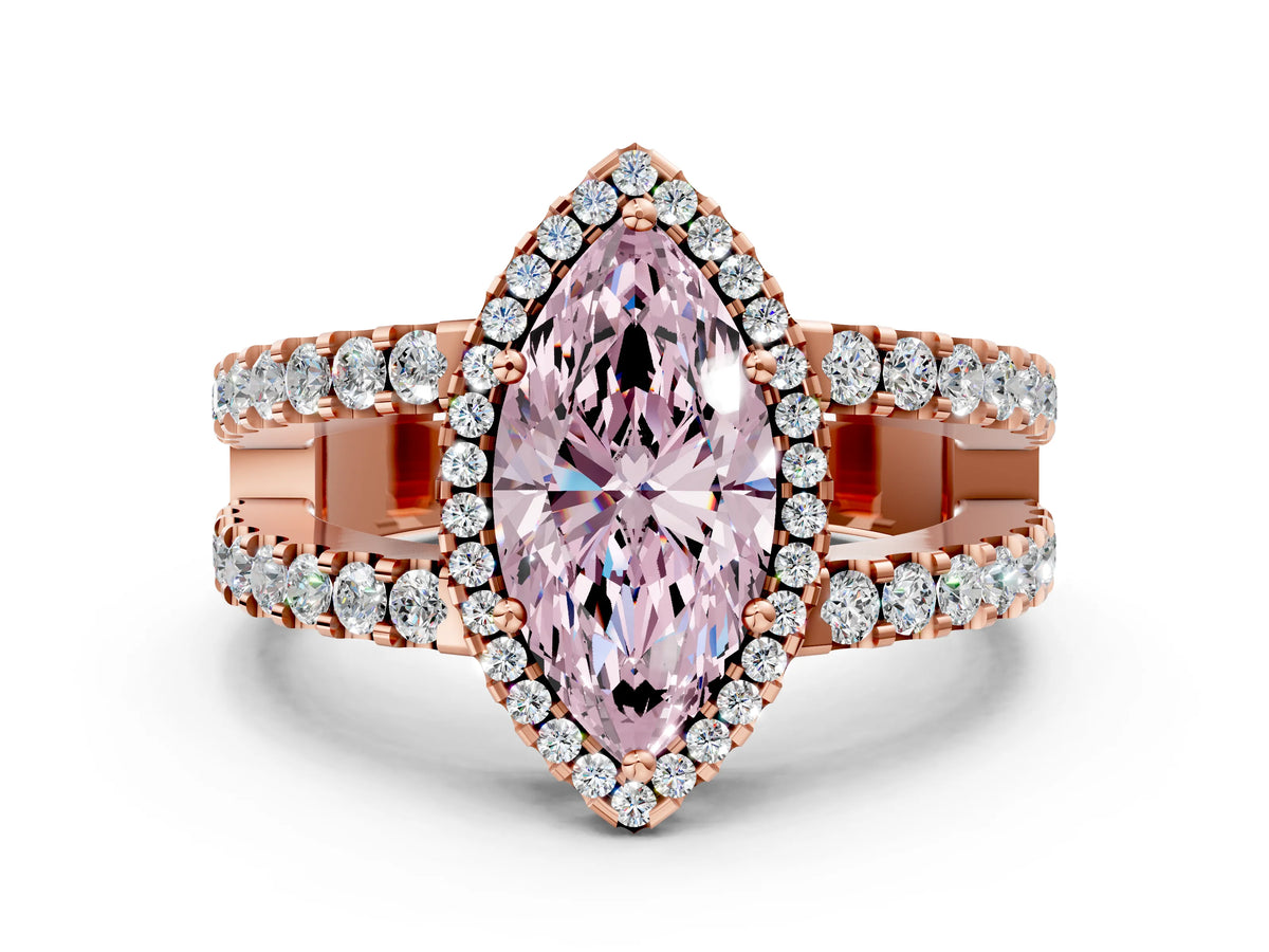 Fancy Pink Marquise Cut Diamond Halo Ring in Rose gold with Split Shank Band and Prong Setting