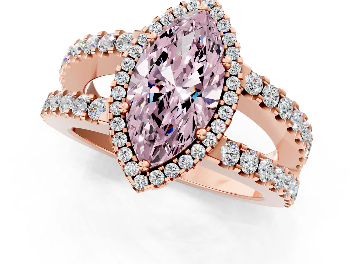 Fancy Pink Marquise Cut Diamond Halo Ring in Rose gold with Split Shank Band and Prong Setting_1