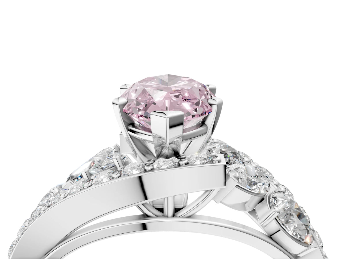 Fancy Pink Marquise Cut Diamond Halo Ring in Silver with Marquise and Pavé Band in Prong Setting_10