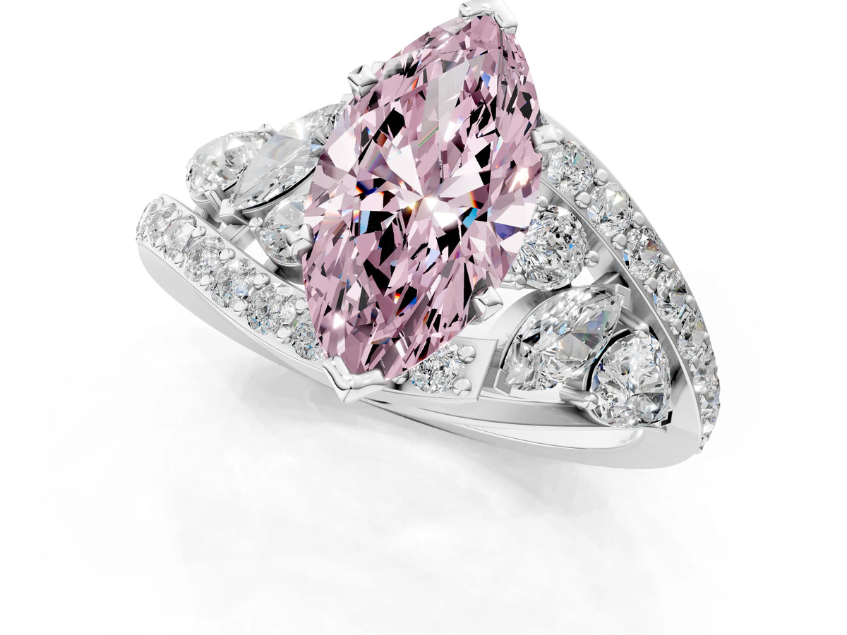 Fancy Pink Marquise Cut Diamond Halo Ring in White gold with Marquise and Pavé Band in Prong Setting_1