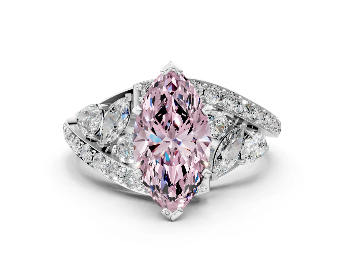 Fancy Pink Marquise Cut Diamond Halo Ring in White gold with Marquise and Pavé Band in Prong Setting