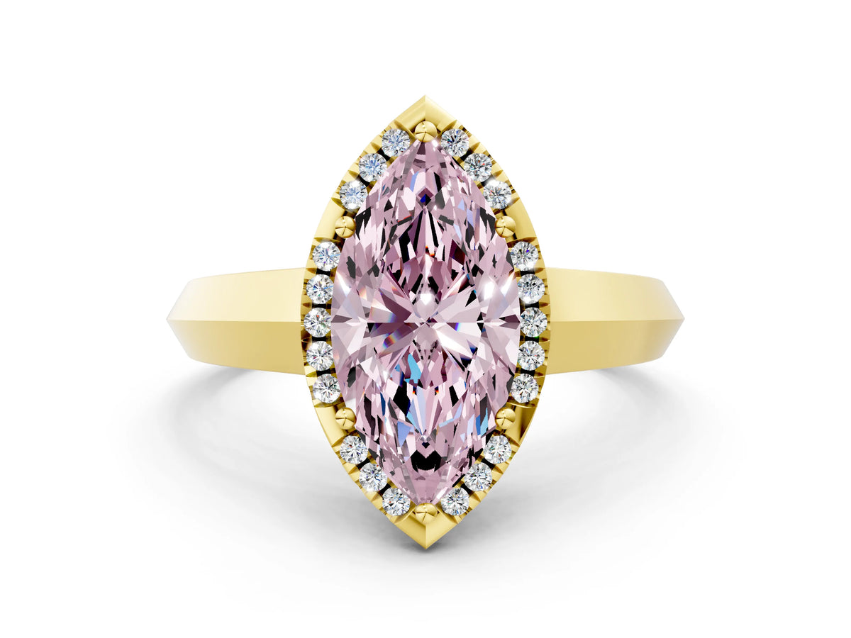 Fancy Pink Marquise Cut Diamond Halo Ring in Yellow gold with Cathedral Band and Prong Setting