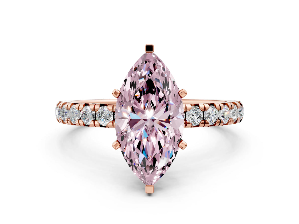 Fancy Pink Marquise Cut Diamond Pavé Solitaire Ring in Rose gold with Round Pavé Band and Prong Setting