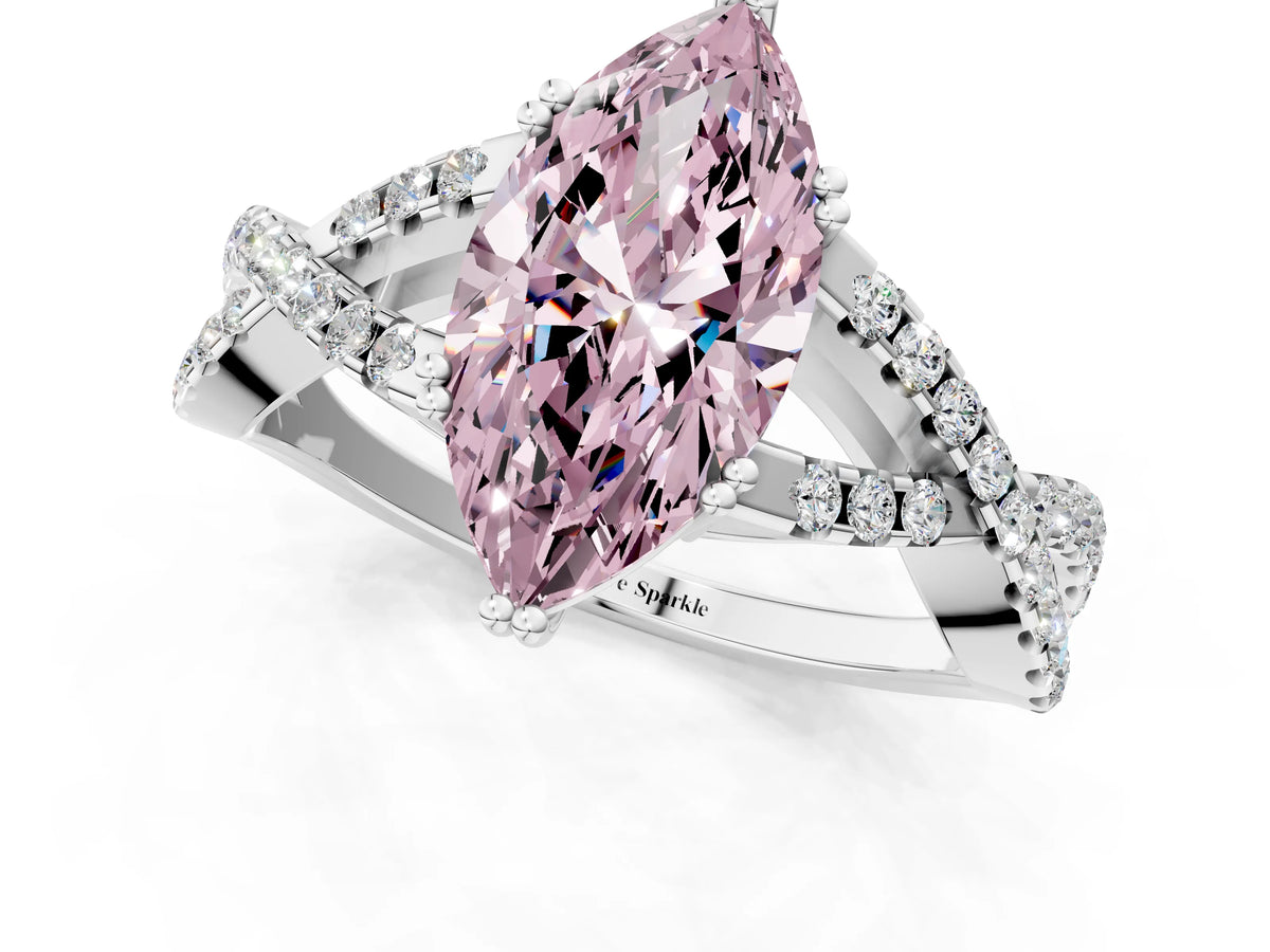 Fancy Pink Marquise Cut Diamond Solitaire Ring in Platinum with Interwoven Pavé Band and Prong Setting_7