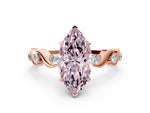 Fancy Pink Marquise Cut Diamond Solitaire Ring in Rose gold with Twisted Ribbon Band and Round Accents