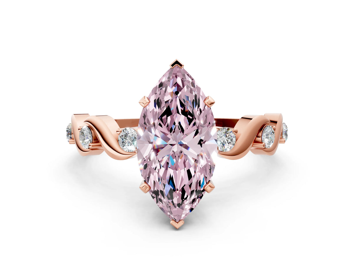 Fancy Pink Marquise Cut Diamond Solitaire Ring in Rose gold with Twisted Ribbon Band and Round Accents