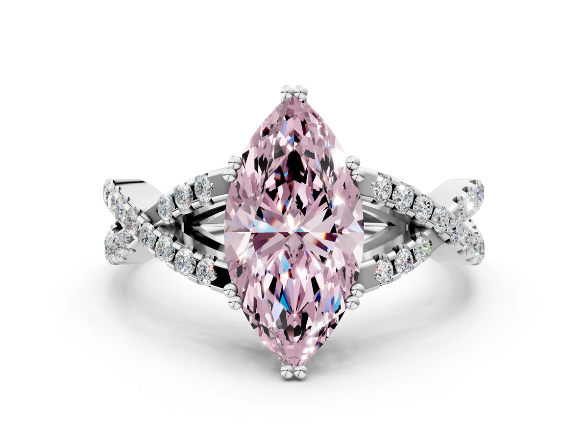 Fancy Pink Marquise Cut Diamond Solitaire Ring in White gold with Interwoven Pavé Band and Prong Setting