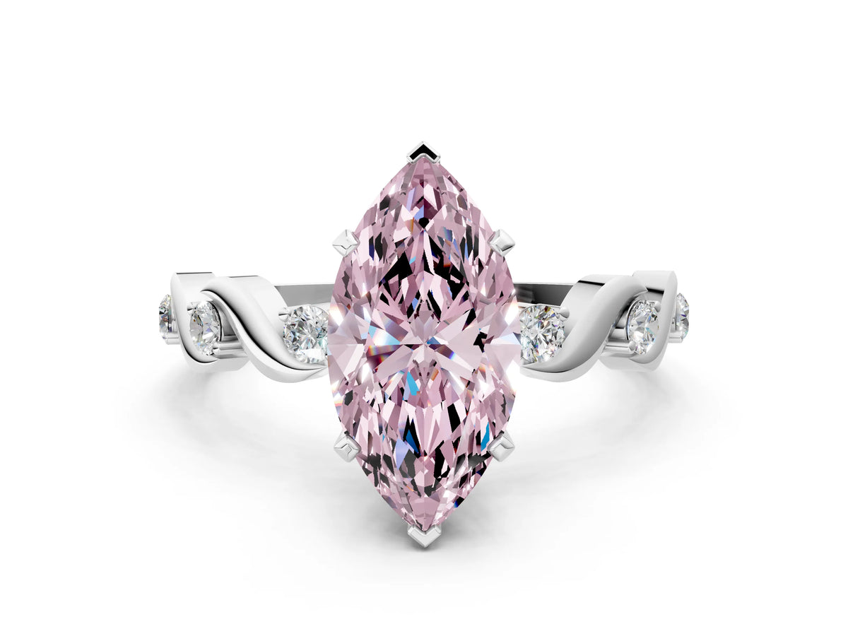 Fancy Pink Marquise Cut Diamond Solitaire Ring in White gold with Twisted Ribbon Band and Round Accents