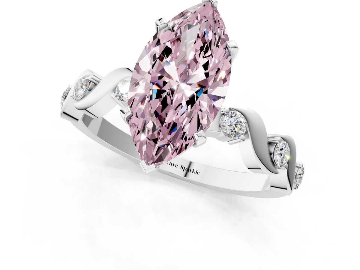 Fancy Pink Marquise Cut Diamond Solitaire Ring in White gold with Twisted Ribbon Band and Round Accents_1