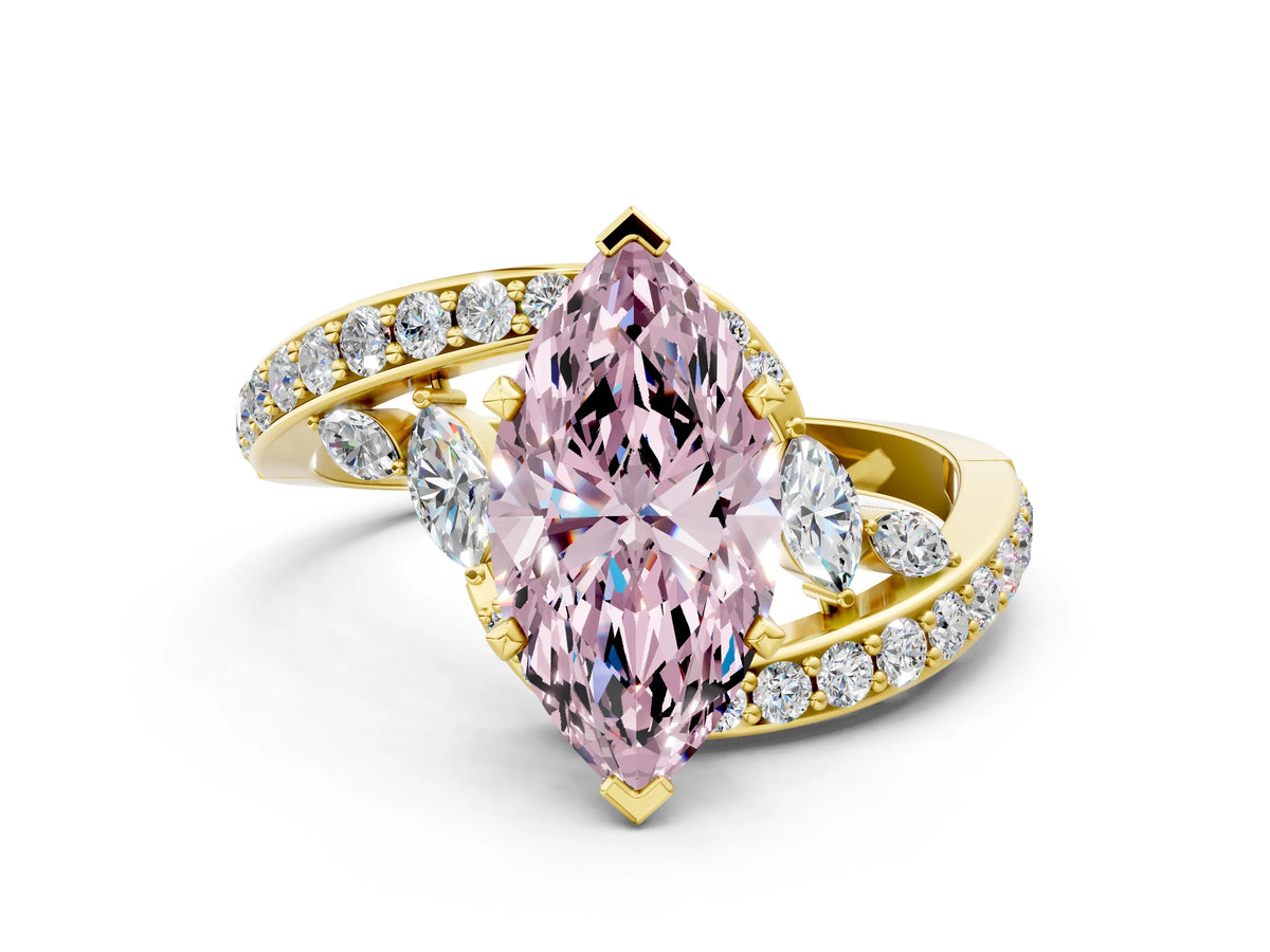 Fancy Pink Marquise Cut Diamond Solitaire Ring in Yellow gold with Pavé Twist Band and Prong Setting
