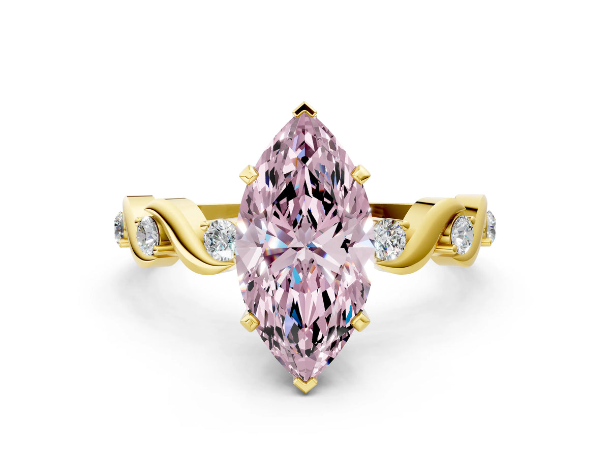 Fancy Pink Marquise Cut Diamond Solitaire Ring in Yellow gold with Twisted Ribbon Band and Round Accents