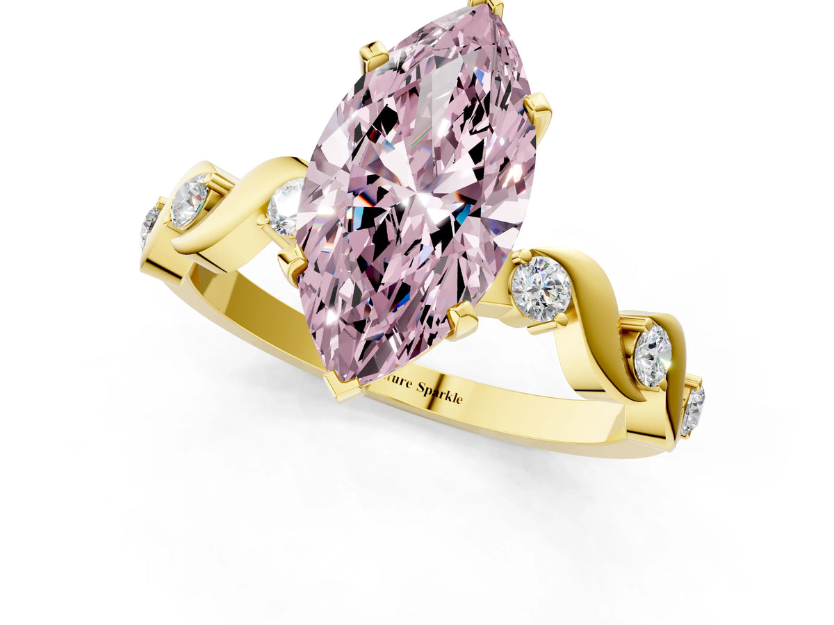Fancy Pink Marquise Cut Diamond Solitaire Ring in Yellow gold with Twisted Ribbon Band and Round Accents_1