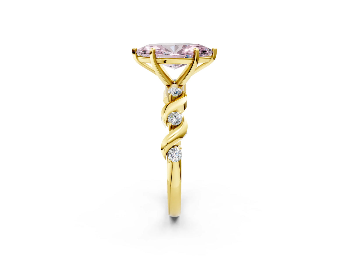 Fancy Pink Marquise Cut Diamond Solitaire Ring in Yellow gold with Twisted Ribbon Band and Round Accents_2