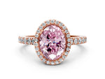 Fancy Pink Oval Cut Diamond Halo Engagement Ring in Rose gold with Milgrain Detail and Pavé Band