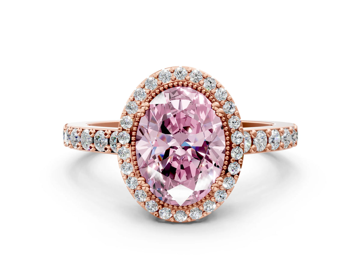 Fancy Pink Oval Cut Diamond Halo Engagement Ring in Rose gold with Milgrain Detail and Pavé Band