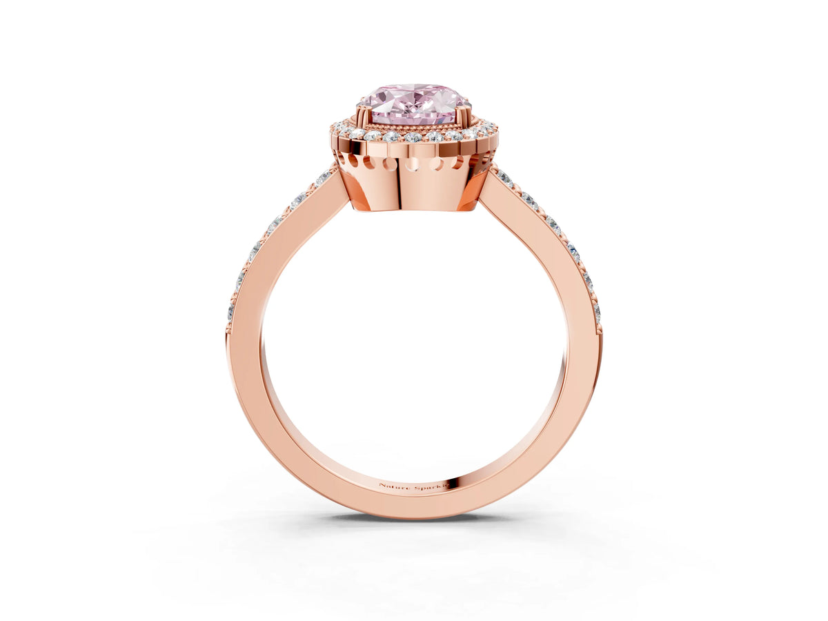 Fancy Pink Oval Cut Diamond Halo Engagement Ring in Rose gold with Milgrain Detail and Pavé Band_3