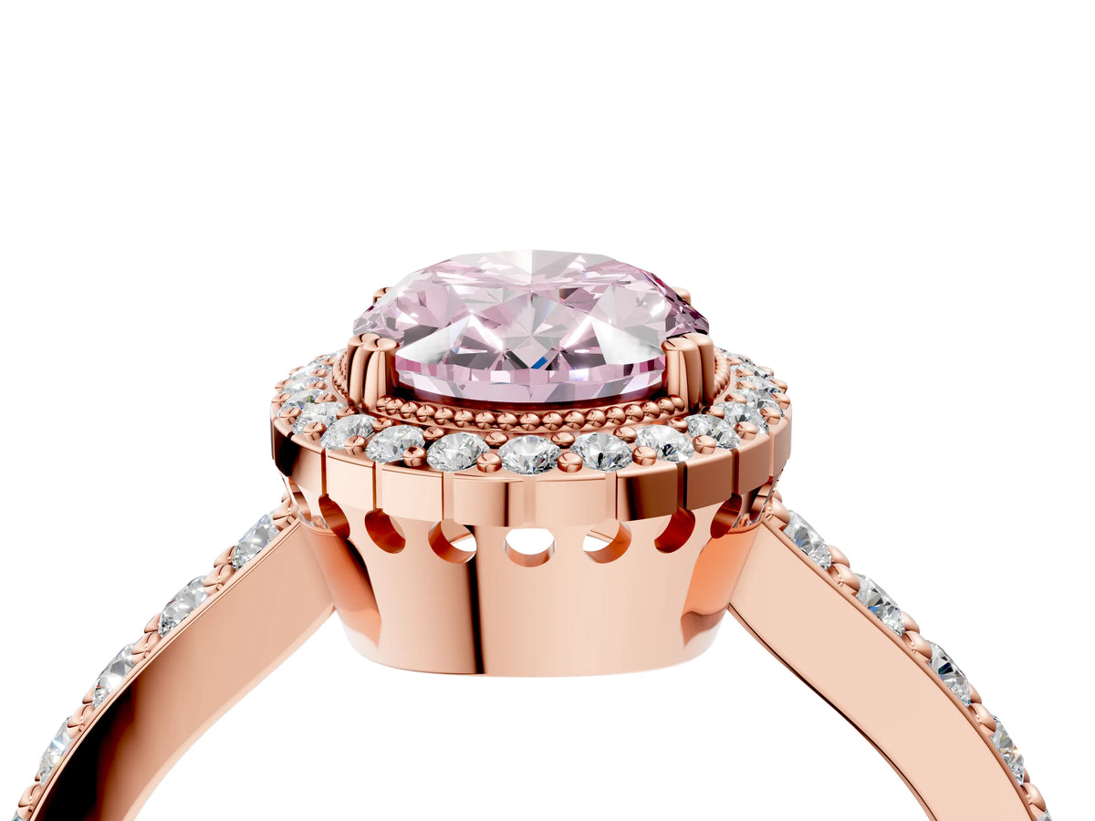 Fancy Pink Oval Cut Diamond Halo Engagement Ring in Rose gold with Milgrain Detail and Pavé Band_4