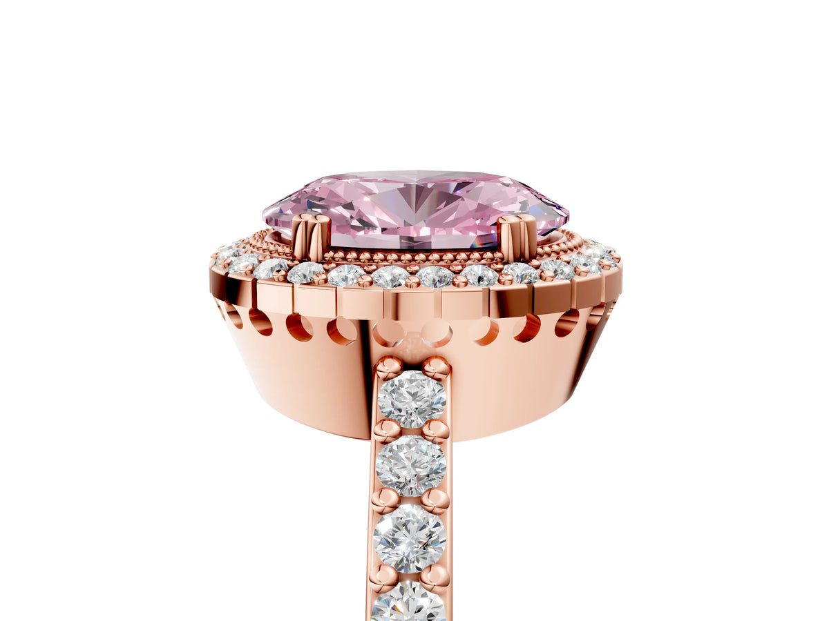 Fancy Pink Oval Cut Diamond Halo Engagement Ring in Rose gold with Milgrain Detail and Pavé Band_5