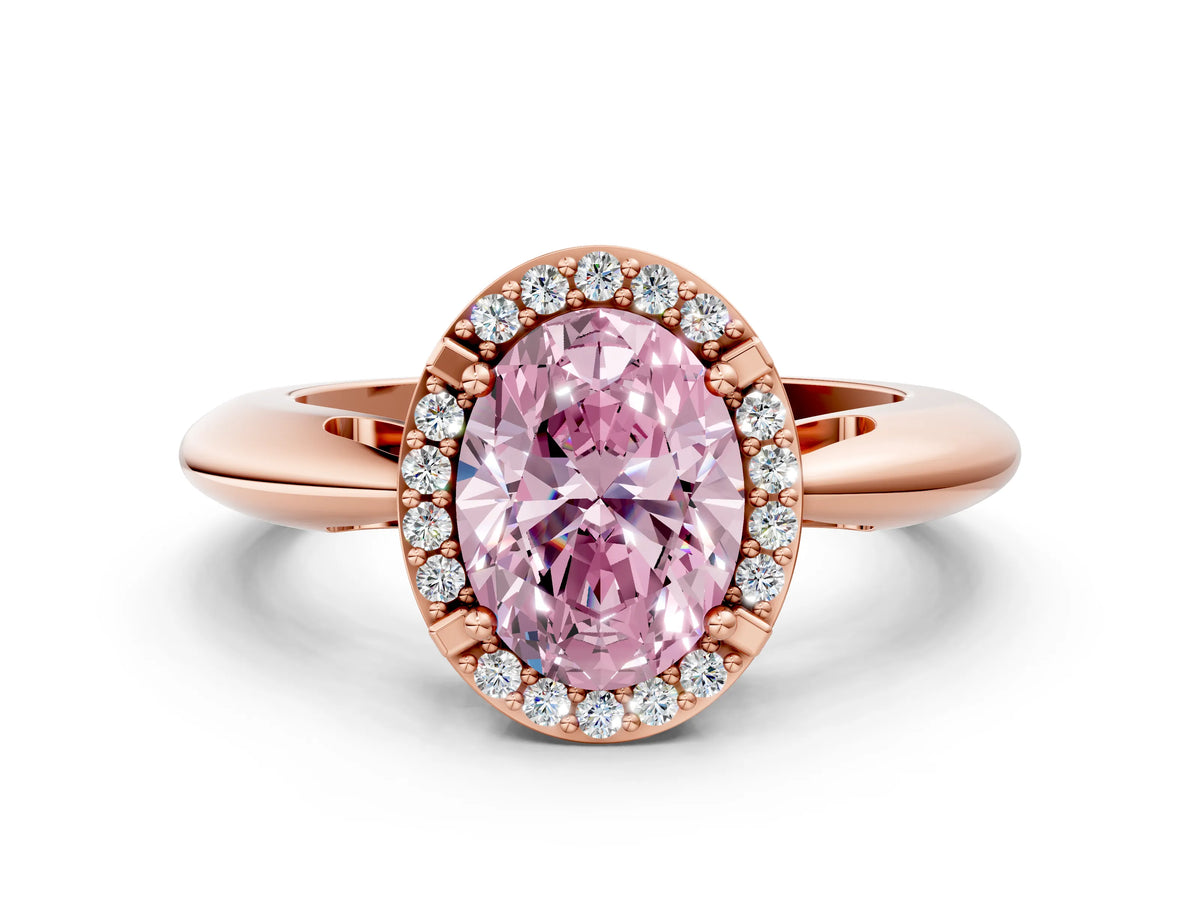 Fancy Pink Oval Cut Diamond Halo Engagement Ring in Rose gold with Plain Split Shank and Prong Setting