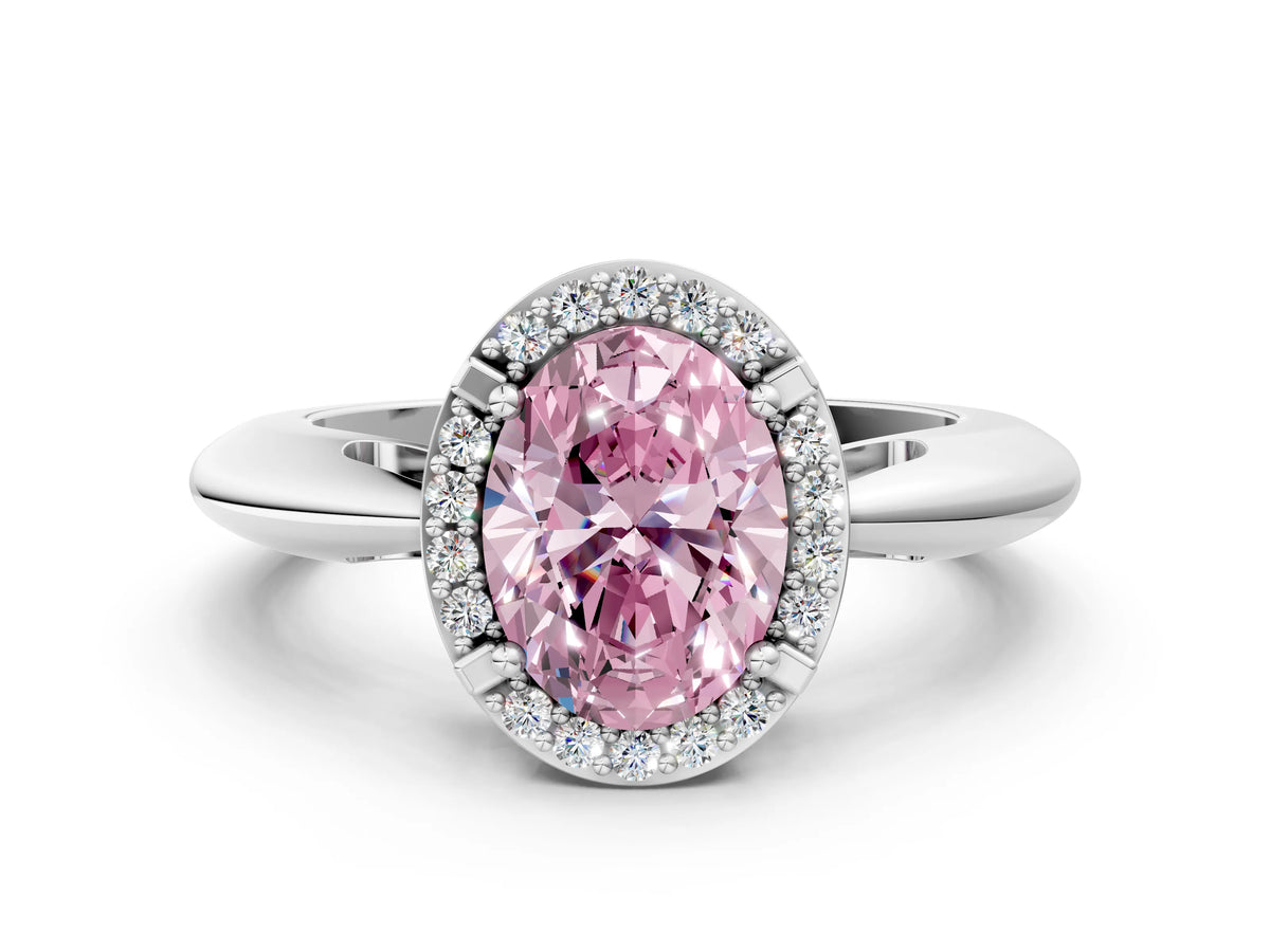 Fancy Pink Oval Cut Diamond Halo Engagement Ring in White gold with Plain Split Shank and Prong Setting