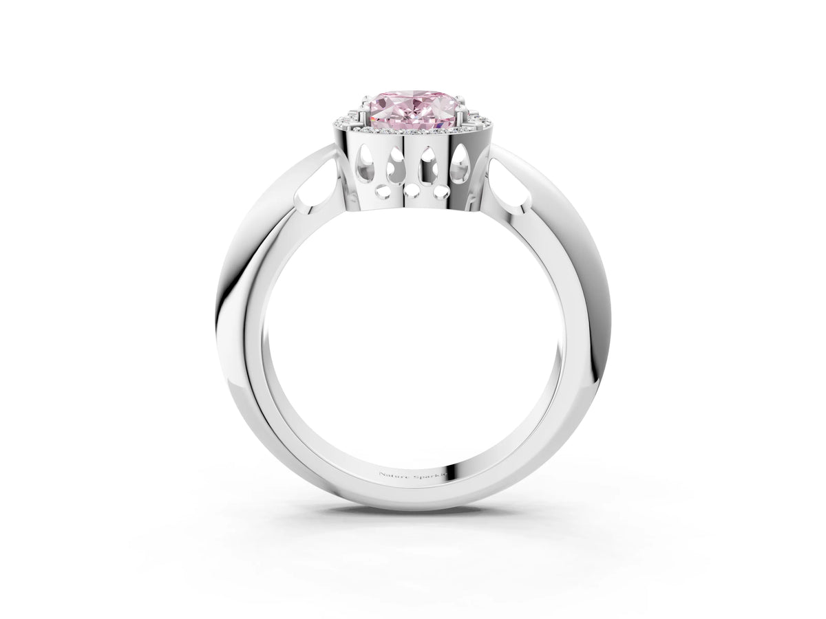 Fancy Pink Oval Cut Diamond Halo Engagement Ring in White gold with Plain Split Shank and Prong Setting_3